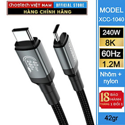 Cáp sạc nhanh Type C to Type C 240W Choetech XCC-1040 hỗ trợ truyền tải dữ liệu 8K@60Hz (Hàng chính hãng)