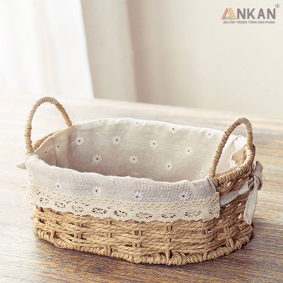 Giỏ Đựng Đồ Ăn Vặt Có Quai Hình Bầu Dục Lót Vải Hoa – Sợi Giấy Cán Mỏng Nhẹ Bền, Dễ Vệ Sinh