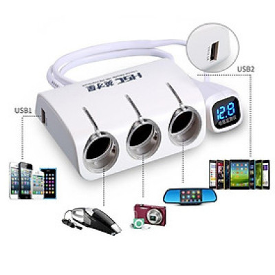 Chia tẩu Ô tô 1 ra 3 công suất 120W có cổng sạc USB và báo điện áp