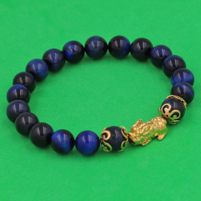 Vòng đeo tay Đá Mắt Hổ Xanh Đen 8 ly - cẩn Tỳ Hưu Phong Thủy inox vàng VMHXETHHKV8 - hợp mệnh Mộc, mệnh Thủy