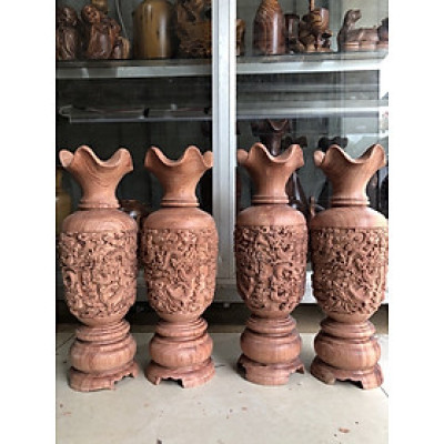 Đôi lộc bình bằng gỗ hương trạm khắc cửu long kt cao 60cm