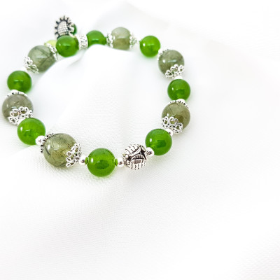 Vòng tay mệnh mộc, hỏa đá thạch anh tóc xanh+ đá ngọc phật mix charm hoa hướng dương