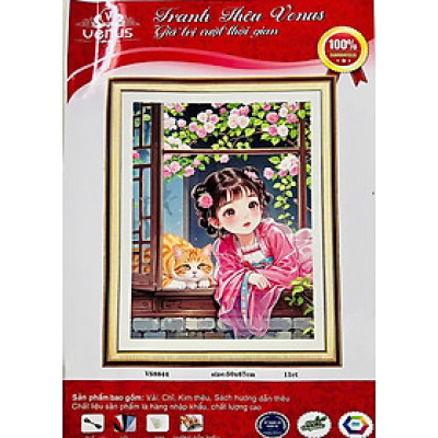 Tranh thêu kín cô gái và mèo bên cửa vs8844, kích thước 50 x 67cm, 11ct thêu 3 sợi