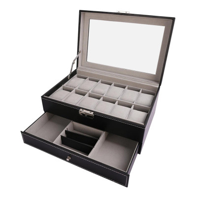 Hộp Đựng Đồng Hồ Nam Nữ  2 Tầng 21 Ngăn Bọc Da Cao Cấp Có Mút Silicon Chống Xước Mặt Đồng Hồ - Hàng Chính Hãng MINIIN