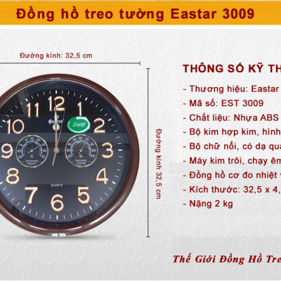 Đồng Hồ Treo Tường Có DẠ QUANG Và NHIỆT ẨM KẾ CƠ (Không Dùng Pin) - Máy EASTAR KIM TRÔI - SỐ NỔI 3D - Tặng Pin Maxell