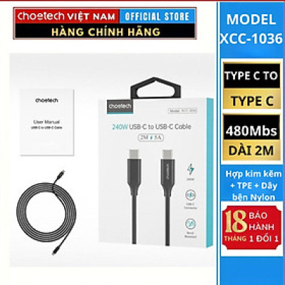 Cáp sạc Choetech XCC-10 nhanh Type C to Type C công suất cao 240w (Hàng chính hãng)