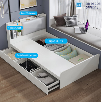 Giường Gỗ Đơn Dài 1.2m Phối Đèn LED và 3 Ngăn Kéo Màu Trắng SIB Decor GN14