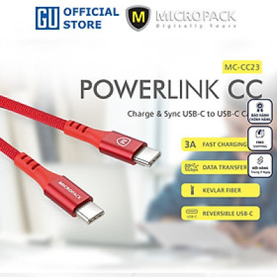 Cáp Sạc MicroPack POWER LINK MC-CC23 Sạc Nhanh USB-C to C Dòng Điện Tối Đa 3A Dệt Bằng Sợi Kevlar Siêu Bền Hàng Chính Hãng