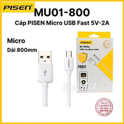 Cáp Pisen Micro USB 2A 800mm (MU01-800)- Hàng chính hãng, check QR kiểm tra và kít hoạt bảo hành