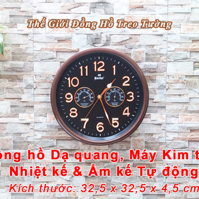 Đồng Hồ Treo Tường Có DẠ QUANG Và NHIỆT ẨM KẾ CƠ (Không Dùng Pin) - Máy EASTAR KIM TRÔI - SỐ NỔI 3D - Tặng Pin Maxell