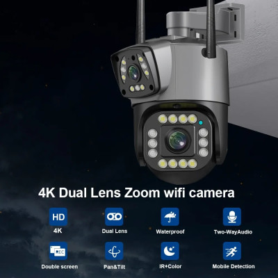 Camera giám sát 2 ống kính quan sát an ninh ngoài trời trong nhà xoay 360 độ chống nước tiêu chuẩn IP kèm thẻ nhớ chính hãng - Hàng Nhập Khẩu