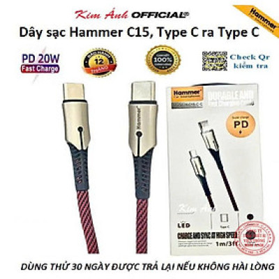 Dây sạc nhanh Ham.mer PD20W ( C15) chân cắm Type C ra Type C, dây dù chống rối, Hàng chính hãng bảo hành 1 năm