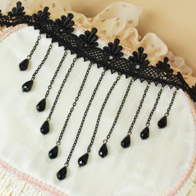 Vòng cổ choker ren vải chuỗi hạt mưa châu đen