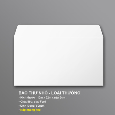 BAO THƯ  TRẮNG - 12X22cm - Loại thường (định lượng 80gsm) - 100 CÁI/XẤP - nắp không keo