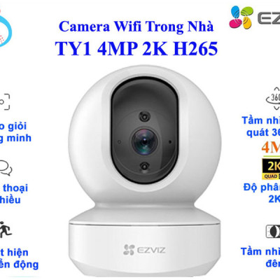 Camera WIFI EZVIZ TY1 4MP, Độ Phân Giải 2K, Đàm Thoại 2 Chiều, Hồng Ngoại Đêm 10m, Xoay Dọc 55 Độ Xay Ngang 360 Độ - Hàng Chính Hãng