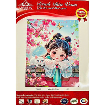 Tranh thêu kín cô gái và mèo vs8839, kích thước 50x67 cm, 11ct thêu 3 sợi