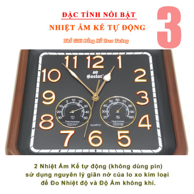 Đồng Hồ Treo Tường Cao Cấp KIM TRÔI EASTAR SỐ NỔI 3D có DẠ QUANG và NHIỆT ẨM KẾ CƠ (Không Dùng Pin) - Hình Vuông Mặt Đen - Tặng Pin AA - Bảo Hành 1 Năm