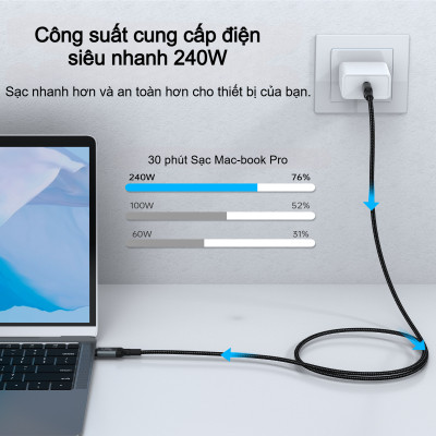 Cáp sạc nhanh Type C to Type C 240w Choetech XCC-1040 hỗ trợ truyền tải dữ liệu 8K@60Hz - Hàng chính hãng