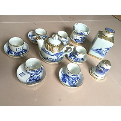 Bộ ấm chén "lão vọng câu cá " gốm sứ Bát Tràng 