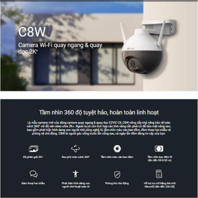 Camera Wifi Ngoài Trời EZVIZ C8W 4M 2K Quay 360 Độ, Màu Ban Đêm, Đàm Thoại 2 Chiều, Nhận Diện Người Bằng AI - Hàng Chính Hãng