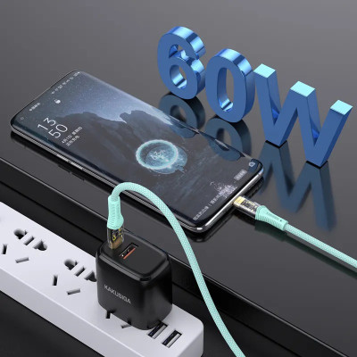 Cáp sạc Kaku PD 60W Type-C to Type-C 2 đầu trong suốt, truyền dữ liệu, dây bọc dù chống đứt, đô dài 1m ( hàng chính hãng)