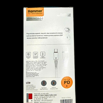 Dây sạc nhanh Ham.mer PD20W ( C15) chân cắm Type C ra Type C, dây dù chống rối, Hàng chính hãng bảo hành 1 năm