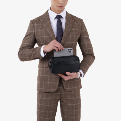 Clutch Đeo Chéo Ví Nam Cầm Tay GENCE RB08 Da Bò Khóa Vân Tay Cao Cấp Màu Đen