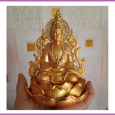 Tượng Phật Bà Quan Âm 2 mặt mạ vàng để taplo trang trí xe ô tô có khoang chứa nước hoa.Tượng phong thủy để taplo trang trí xe hơi ô tô