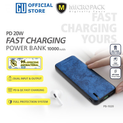 Pin Sạc Dự Phòng MicroPack ANTIBACTERIAL POWER STORE 1020 PB-1020 Dung Lượng 10.000mAh Phủ Lớp Da PU Kháng Khuẩn Hàng Chính Hãng