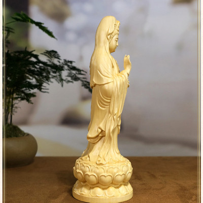 Tượng Phật Quan Âm Như Ý đứng bằng gỗ Hoàng Dương MSPC210 (cao 21 cm)