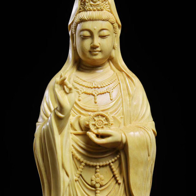 Tượng Phật Quan Âm Như Ý đứng bằng gỗ Hoàng Dương MSPC210 (cao 21 cm)