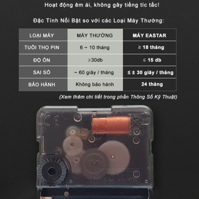 Bộ Máy Đồng Hồ NHẠC CHUÔNG 16 điệu NHẠC Báo Giờ + Máy Đồng Hồ Kim Trôi Cao Cấp EASTAR + Bộ Kim HOA VĂN – Kèm theo 03 Pin Maxell