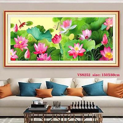 Tranh thêu kín Hoa sen (đầm sen) Vs8252, kích thước 150x60 cm, 11ct thêu 3 sợi