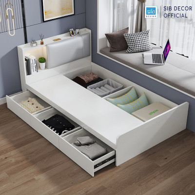 Giường Gỗ Đơn Dài 1.2m Phối Đèn LED và 3 Ngăn Kéo Màu Trắng SIB Decor GN14