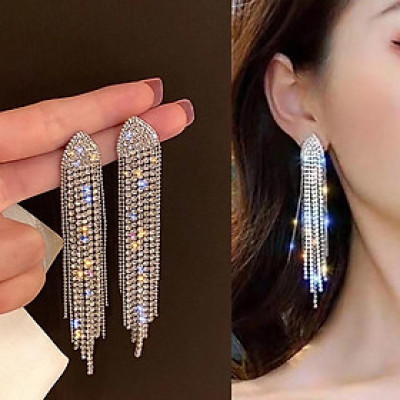 Earrings đeo tai nữ dáng dài tua rua đính đá lấp lánh
