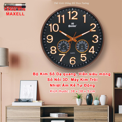 Đồng Hồ Treo Tường DECOR Trang Trí Nhà Hình Tròn Viền Mỏng 38cm EASTAR - Bộ Kim Số DẠ QUANG và NHIỆT ẨM KẾ TỰ ĐỘNG - Tặng Pin Maxell