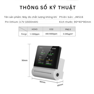 Thiết bị đo chất lượng không khí JMS-16: Màn hình cảm ứng 3,2 inch, đo chính xác TVOC, CO2, PM2.5, PM10, formaldehyde (HCHO), nhiệt độ và độ ẩm; pin lithium 1500mAh, cảnh báo ô nhiễm thời gian thực; kết nối qua app di động tiện lợi - Hàng Nhập Khẩu