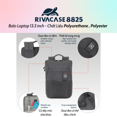 Balo Laptop Rivacase 8825 13.3 inch Chất Liệu Polyurethane , Polyester - Bảo Hành 24 Tháng - Hàng Chính Hãng
