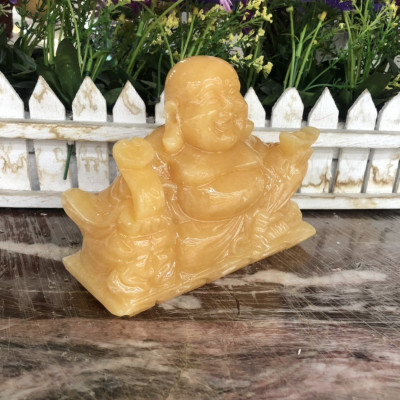 Tượng Phật Di Lặc ngồi cầm thỏi vàng phong thủy đá ngọc hoàng long trang trí bàn làm việc - Dài 15cm