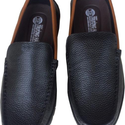 Giày lười nam Trường Hải  da bò đen đế cao su chống mòn cao 2.5cm  GMN014