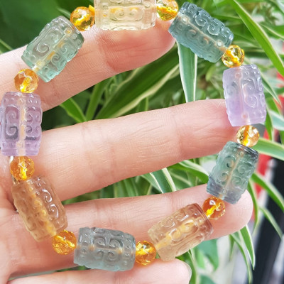 Vòng Tay nữ charm cao cấp Đá Fluorit tự nhiên đa sắc màu kiểu hạt 10mm phối tròn đẹp sang các Chị đeo xinh tay may mắn tài lộc cả năm ạ