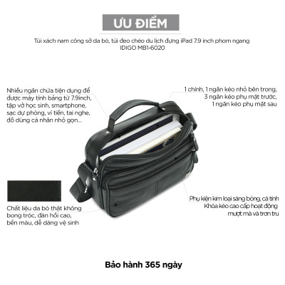 Túi xách công sở nam da thật cao cấp IDIGO MB1 - 6020, túi đeo chéo đi chơi năng động