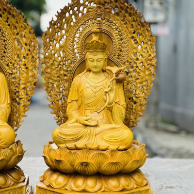 Bộ Tượng phật tây phương tam thánh bằng gỗ gõ vàng kt 90×48×48cm