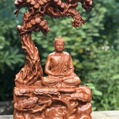 Tượng phật thích ca ngồi gốc cây đề bằng gỗ hương đá kt 50×31×15cm