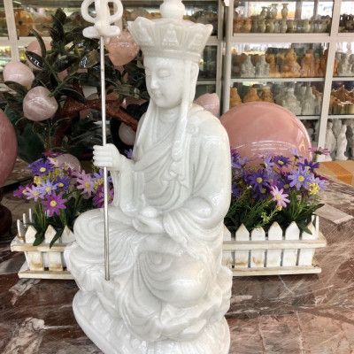 Tượng địa tạng vương bồ tát ngồi đài sen đá cẩm thạch trắng - Cao 40 cm