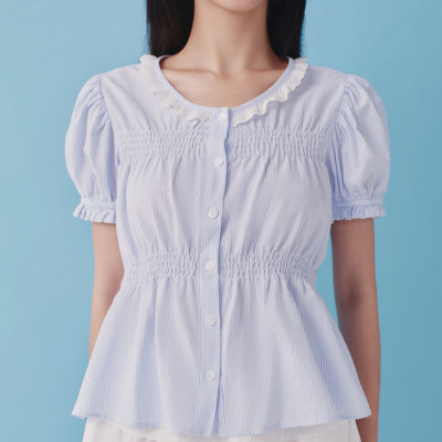 DOTTIE - Áo kiểu kẻ sọc tay phồng - Xanh biển - T1103