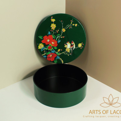 Hộp Tròn Sơn Mài Họa Tiết Chim Hoa Xanh Đậm
