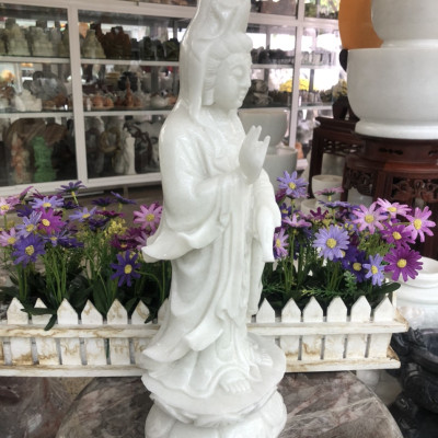 Tượng Phật Bà Quan Thế Âm Bồ Tát đứng đài sen đá cẩm thạch trắng - Cao 40 cm