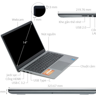 Laptop Dell Vostro 3430 (V3430-i7U165W11GRD2) |Core i7 _ 1355U | 16GB | 512GB SSD PCIe |MX550 2GB| 14 inch Full HD IPS | Win 11 _ Office 2021| Hàng Chính Hãng