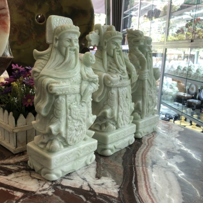 Bộ tượng Tam Đa Phúc Lộc Thọ đá cẩm thạch trắng xanh - Cao 30cm